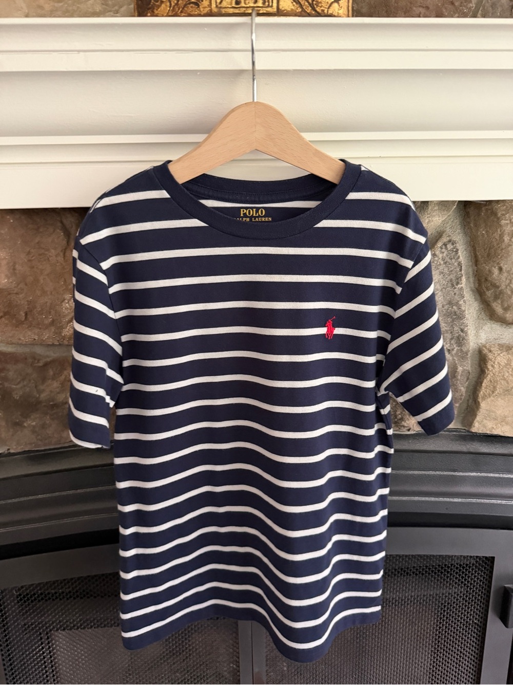 Polo by Ralph Lauren Navy and White Striped Tee with Gold Logo